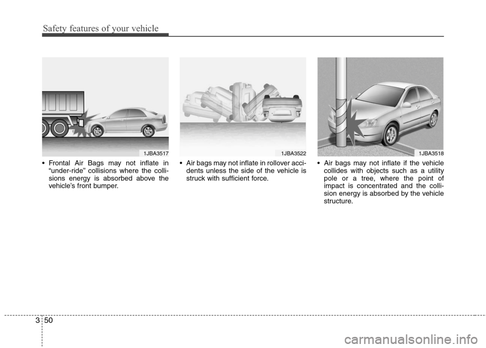 Hyundai Elantra 2010 Repair Manual 
Safety features of your vehicle
50
3
 Frontal Air Bags may not inflate in
“under-ride” collisions where the colli-
sions energy is absorbed above the
vehicle’s front bumper.  Air bags may not i
