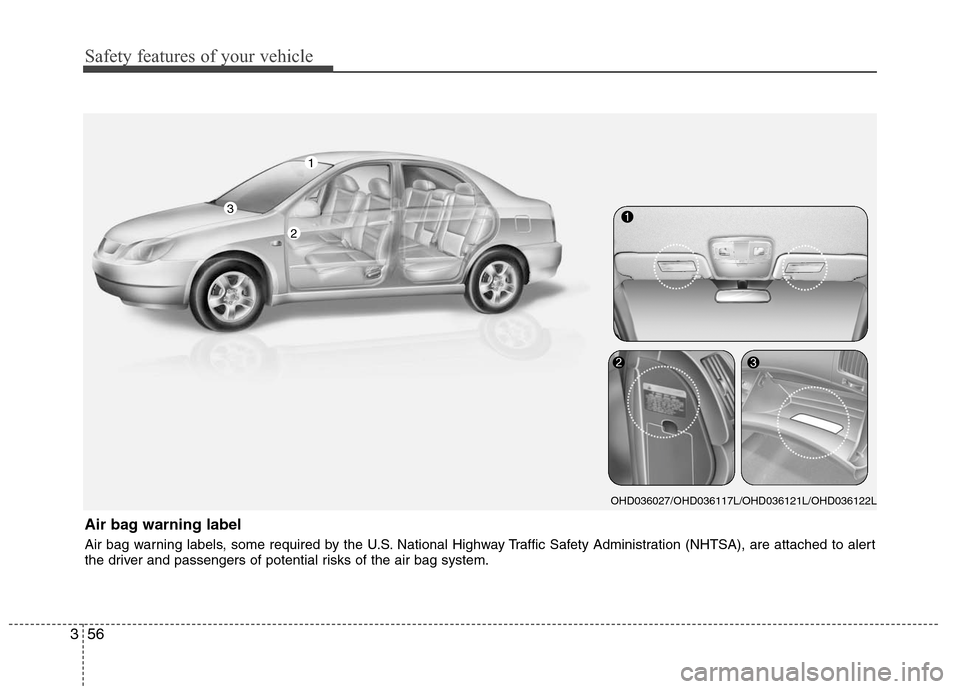 Hyundai Elantra 2010 Manual PDF 
Safety features of your vehicle
56
3
Air bag warning label
Air bag warning labels, some required by the U.S. National Highway Traffic Safety Administration (NHTSA), are attached to alert
the driver a