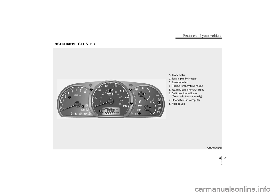 Hyundai Elantra 2009 Owners Manual 437
Features of your vehicle
INSTRUMENT CLUSTER
1. Tachometer
2. Turn signal indicators
3. Speedometer
4. Engine temperature gauge
5. Warning and indicator lights
6. Shift position indicator
(Automa Hyundai Elantra 2009 Owners Manual 437
Features of your vehicle
INSTRUMENT CLUSTER
1. Tachometer
2. Turn signal indicators
3. Speedometer
4. Engine temperature gauge
5. Warning and indicator lights
6. Shift position indicator
(Automa
