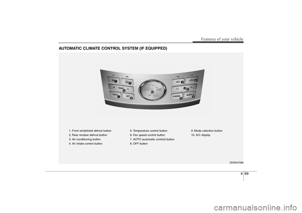 Hyundai Elantra 2009 Owners Manual 469
Features of your vehicle
AUTOMATIC CLIMATE CONTROL SYSTEM (IF EQUIPPED)
1. Front windshield defrost button
2. Rear window defrost button
3. Air conditioning button
4. Air intake control button5. T Hyundai Elantra 2009 Owners Manual 469
Features of your vehicle
AUTOMATIC CLIMATE CONTROL SYSTEM (IF EQUIPPED)
1. Front windshield defrost button
2. Rear window defrost button
3. Air conditioning button
4. Air intake control button5. T