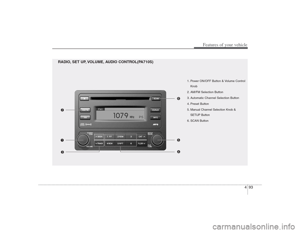 Hyundai Elantra 2009 Owners Manual 493
Features of your vehicle
1. Power ON/OFF Button & Volume Control
Knob
2. AM/FM Selection Button
3. Automatic Channel Selection Button
4. Preset Button
5. Manual Channel Selection Knob &
SETUP Butt Hyundai Elantra 2009 Owners Manual 493
Features of your vehicle
1. Power ON/OFF Button & Volume Control
Knob
2. AM/FM Selection Button
3. Automatic Channel Selection Button
4. Preset Button
5. Manual Channel Selection Knob &
SETUP Butt