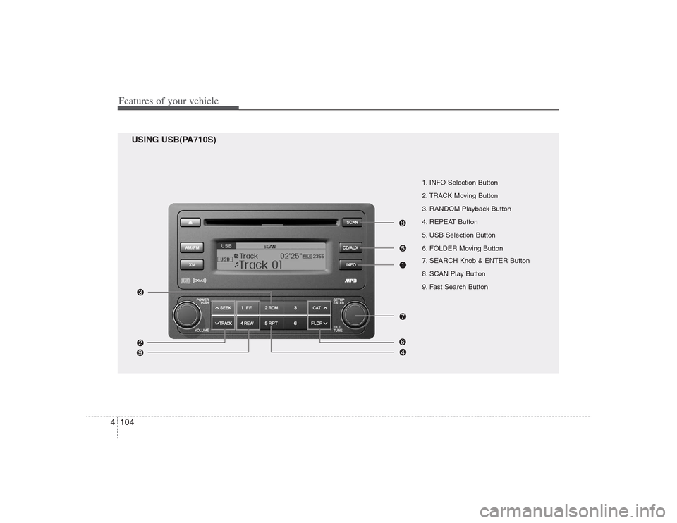 Hyundai Elantra 2009 Owners Manual Features of your vehicle104 4
1. INFO Selection Button
2. TRACK Moving Button
3. RANDOM Playback Button
4. REPEAT Button
5. USB Selection Button
6. FOLDER Moving Button
7. SEARCH Knob & ENTER Button
8 Hyundai Elantra 2009 Owners Manual Features of your vehicle104 4
1. INFO Selection Button
2. TRACK Moving Button
3. RANDOM Playback Button
4. REPEAT Button
5. USB Selection Button
6. FOLDER Moving Button
7. SEARCH Knob & ENTER Button
8