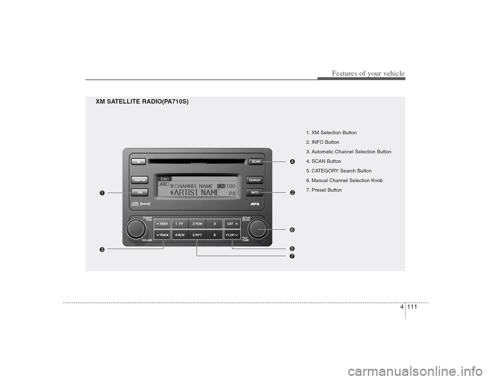 Hyundai Elantra 2009 Owners Manual 4111
Features of your vehicle
1. XM Selection Button
2. INFO Button
3. Automatic Channel Selection Button
4. SCAN Button
5. CATEGORY Search Button
6. Manual Channel Selection Knob
7. Preset Button
XM Hyundai Elantra 2009 Owners Manual 4111
Features of your vehicle
1. XM Selection Button
2. INFO Button
3. Automatic Channel Selection Button
4. SCAN Button
5. CATEGORY Search Button
6. Manual Channel Selection Knob
7. Preset Button
XM