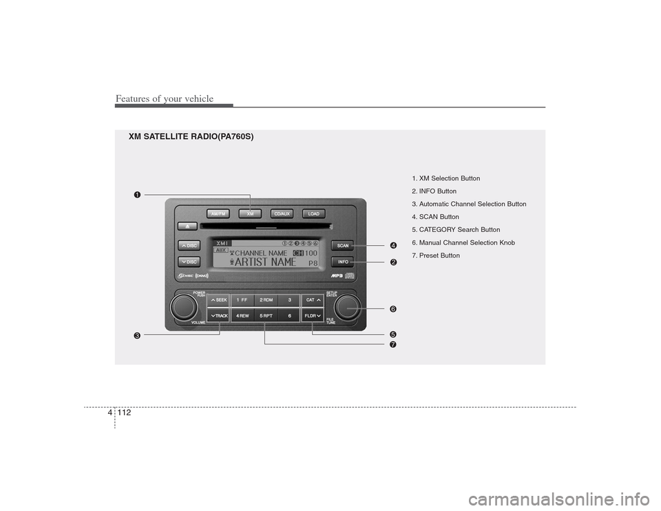 Hyundai Elantra 2009 Owners Manual Features of your vehicle112 4
XM SATELLITE RADIO(PA760S)
1. XM Selection Button
2. INFO Button
3. Automatic Channel Selection Button
4. SCAN Button
5. CATEGORY Search Button
6. Manual Channel Selectio Hyundai Elantra 2009 Owners Manual Features of your vehicle112 4
XM SATELLITE RADIO(PA760S)
1. XM Selection Button
2. INFO Button
3. Automatic Channel Selection Button
4. SCAN Button
5. CATEGORY Search Button
6. Manual Channel Selectio