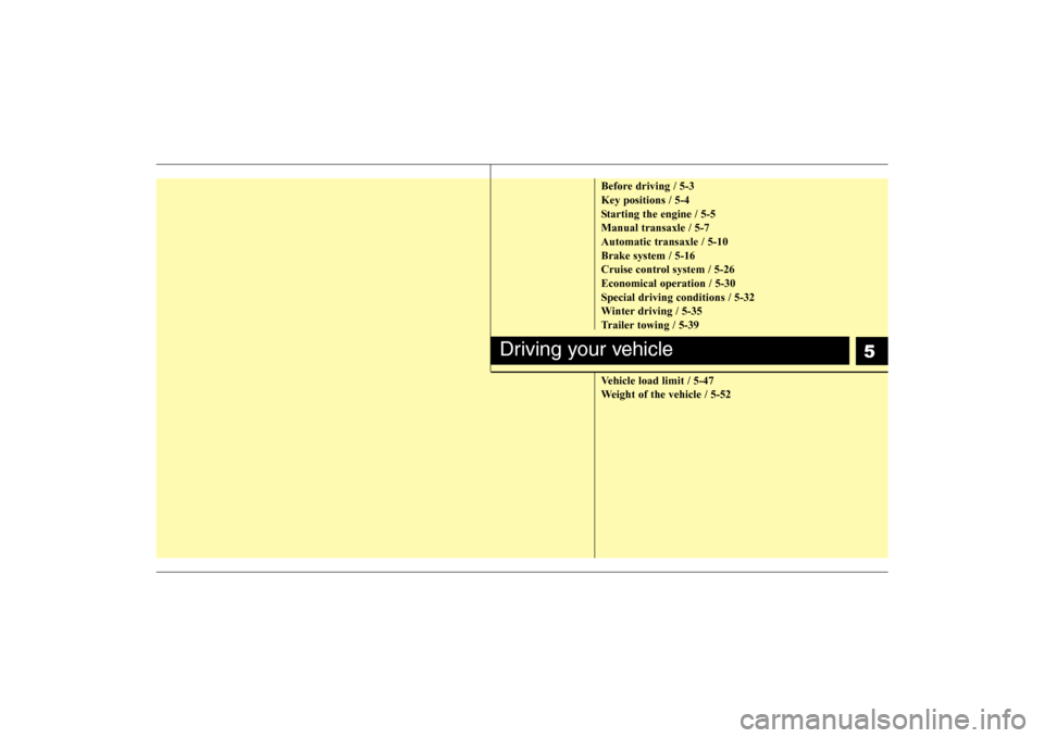 Hyundai Elantra 2009 Owners Manual 5
Before driving / 5-3
Key positions / 5-4
Starting the engine / 5-5
Manual transaxle / 5-7
Automatic transaxle / 5-10
Brake system / 5-16
Cruise control system / 5-26
Economical operation / 5-30
Spec Hyundai Elantra 2009 Owners Manual 5
Before driving / 5-3
Key positions / 5-4
Starting the engine / 5-5
Manual transaxle / 5-7
Automatic transaxle / 5-10
Brake system / 5-16
Cruise control system / 5-26
Economical operation / 5-30
Spec