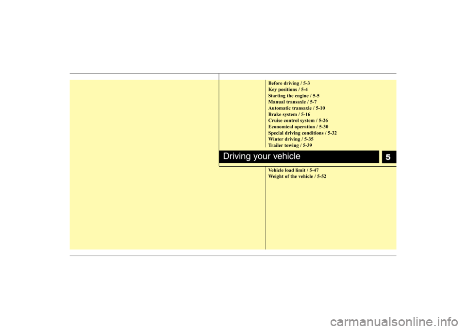 Hyundai Elantra 2009  Owners Manual 5
Before driving / 5-3
Key positions / 5-4
Starting the engine / 5-5
Manual transaxle / 5-7
Automatic transaxle / 5-10
Brake system / 5-16
Cruise control system / 5-26
Economical operation / 5-30
Spec