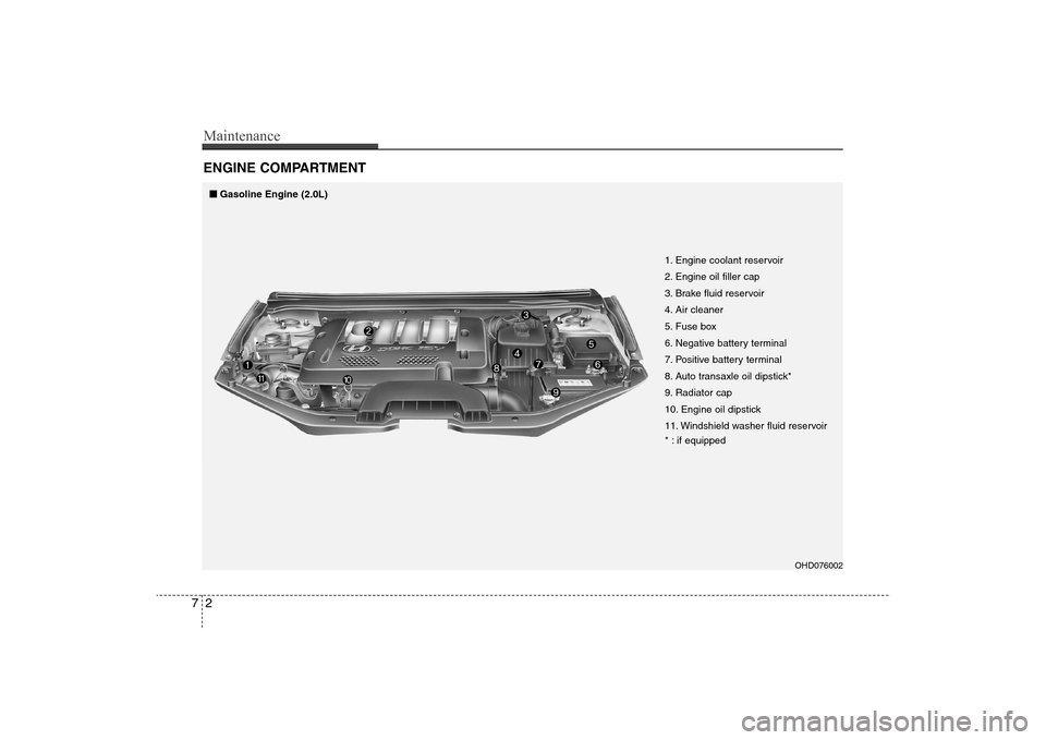 Hyundai Elantra 2009 Owners Manual Maintenance2 7ENGINE COMPARTMENT
OHD076002
1. Engine coolant reservoir
2. Engine oil filler cap
3. Brake fluid reservoir
4. Air cleaner
5. Fuse box
6. Negative battery terminal
7. Positive battery ter Hyundai Elantra 2009 Owners Manual Maintenance2 7ENGINE COMPARTMENT
OHD076002
1. Engine coolant reservoir
2. Engine oil filler cap
3. Brake fluid reservoir
4. Air cleaner
5. Fuse box
6. Negative battery terminal
7. Positive battery ter