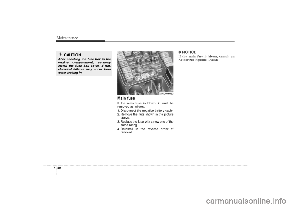Hyundai Elantra 2009 Owners Manual Maintenance48 7
Main fuseIf the main fuse is blown, it must be
removed as follows:
1. Disconnect the negative battery cable.
2. Remove the nuts shown in the picture
above.
3. Replace the fuse with a n Hyundai Elantra 2009 Owners Manual Maintenance48 7
Main fuseIf the main fuse is blown, it must be
removed as follows:
1. Disconnect the negative battery cable.
2. Remove the nuts shown in the picture
above.
3. Replace the fuse with a n