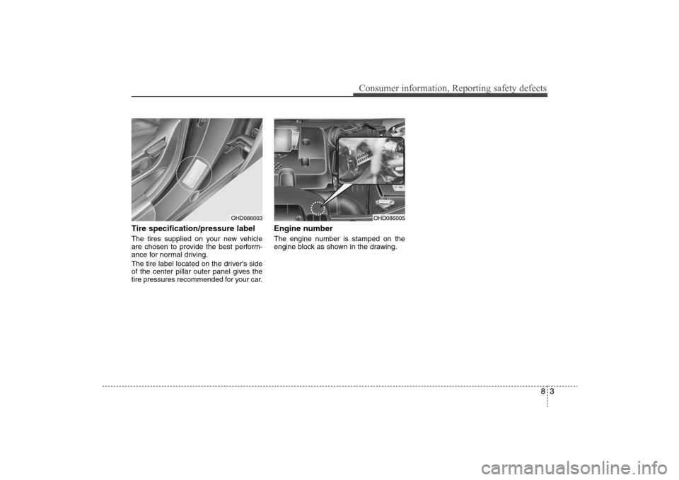 Hyundai Elantra 2009 Owners Manual 83
Consumer information, Reporting safety defects
Tire specification/pressure labelThe tires supplied on your new vehicle
are chosen to provide the best perform-
ance for normal driving.
The tire labe Hyundai Elantra 2009 Owners Manual 83
Consumer information, Reporting safety defects
Tire specification/pressure labelThe tires supplied on your new vehicle
are chosen to provide the best perform-
ance for normal driving.
The tire labe