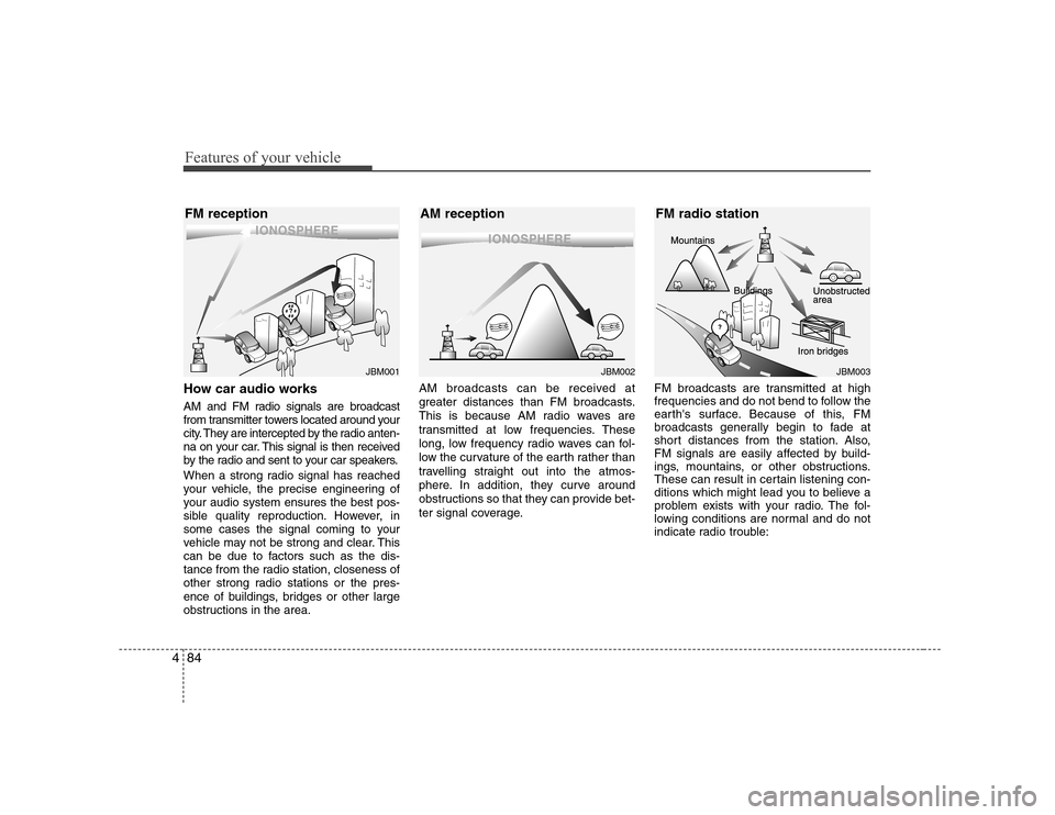 Hyundai Elantra 2009  Инструкция по эксплуатации (in Russian) Features of your vehicle
84
4
How car audio works 
AM and FM radio signals are broadcast 
from transmitter towers located around your
city. They are intercepted by the radio anten-
na on your car. Thi