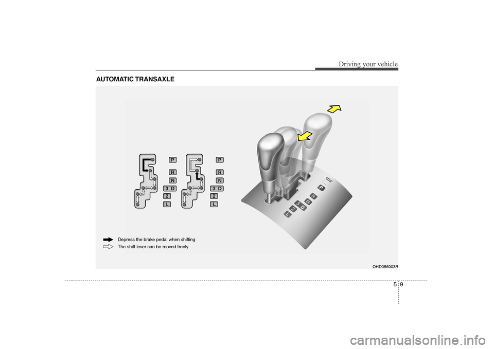 Hyundai Elantra 2009  Инструкция по эксплуатации (in Russian) 59
Driving your vehicle
AUTOMATIC TRANSAXLE
OHD056003R
The shift lever can be moved freely
Depress the brake pedal when shifting  