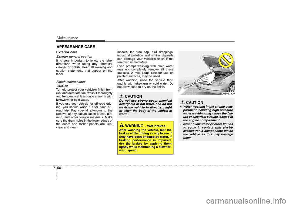 Hyundai Elantra 2009  Инструкция по эксплуатации (in Russian) Maintenance
56
7
APPEARANCE CARE
Exterior care
Exterior general caution 
It is very important to follow the label 
directions when using any chemical
cleaner or polish. Read all warning andcaution sta