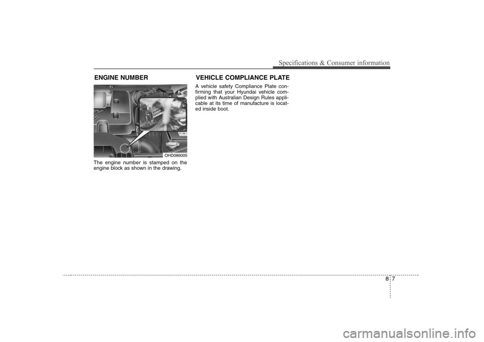 Hyundai Elantra 2009  Инструкция по эксплуатации (in Russian) 87
Specifications & Consumer information
The engine number is stamped on the 
engine block as shown in the drawing.A vehicle safety Compliance Plate con-
firming that your Hyundai vehicle com-
plied w