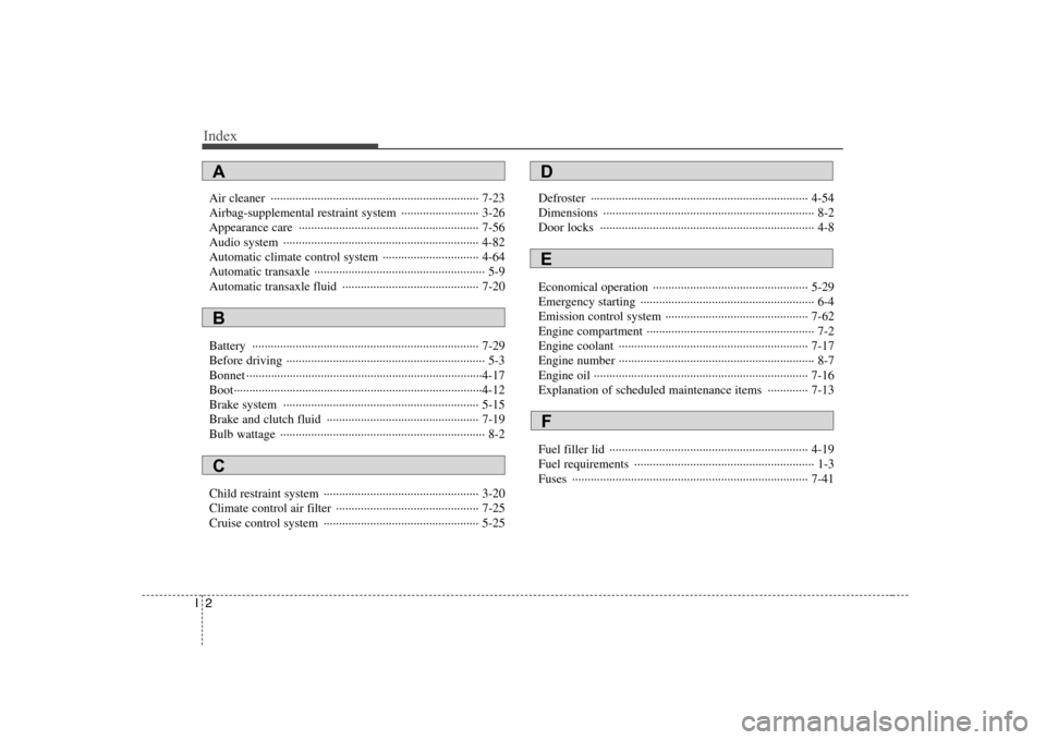 Hyundai Elantra 2009 Инструкция по эксплуатации (in Russian) Index
2I
Air cleaner ··································································· 7-23
Airbag-supplemental restraint system Hyundai Elantra 2009 Инструкция по эксплуатации (in Russian) Index
2I
Air cleaner ··································································· 7-23
Airbag-supplemental restraint system