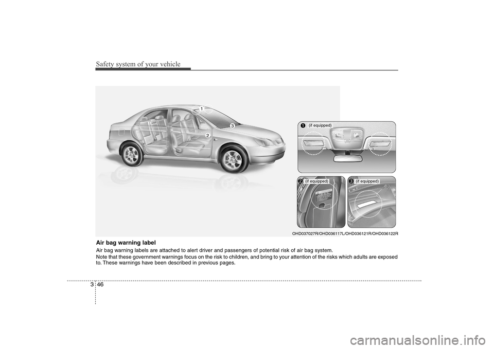 Hyundai Elantra 2009  Инструкция по эксплуатации (in Russian) Safety system of your vehicle
46
3
Air bag warning label 
Air bag warning labels are attached to alert driver and passengers of potential risk of air bag system. 
Note that these government warnings f