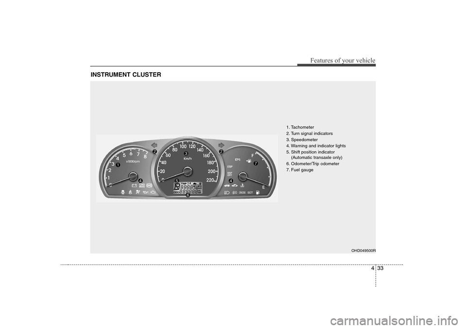 Hyundai Elantra 2009 Инструкция по эксплуатации (in Russian) 433
Features of your vehicle
INSTRUMENT CLUSTER
1. Tachometer
2. Turn signal indicators
3. Speedometer
4. Warning and indicator lights
5. Shift position indicator (Automatic transaxle only)
6. Odome Hyundai Elantra 2009 Инструкция по эксплуатации (in Russian) 433
Features of your vehicle
INSTRUMENT CLUSTER
1. Tachometer
2. Turn signal indicators
3. Speedometer
4. Warning and indicator lights
5. Shift position indicator (Automatic transaxle only)
6. Odome
