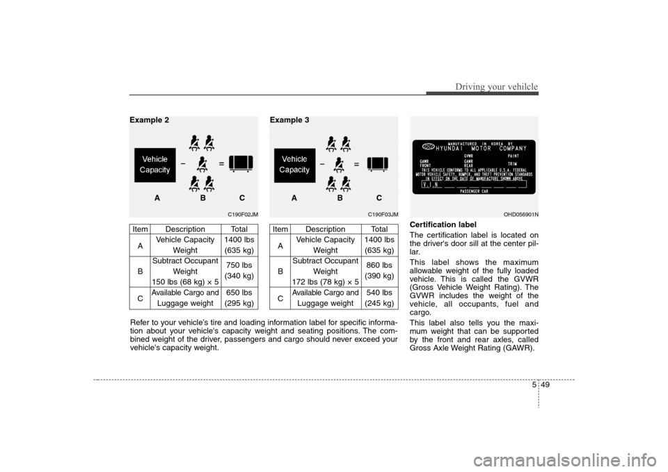 Hyundai Elantra 2008  Owners Manual 549
Driving your vehilcle
Certification label
The certification label is located on
the drivers door sill at the center pil-
lar.
This label shows the maximum
allowable weight of the fully loaded
veh