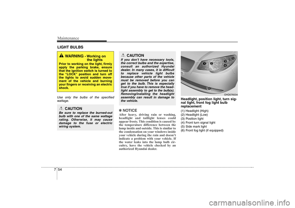 Hyundai Elantra 2008  Owners Manual Maintenance54 7LIGHT BULBSUse only the bulbs of the specified
wattage.
✽ ✽
NOTICEAfter heavy, driving rain or washing,
headlight and taillight lenses could
appear frosty. This condition is caused 