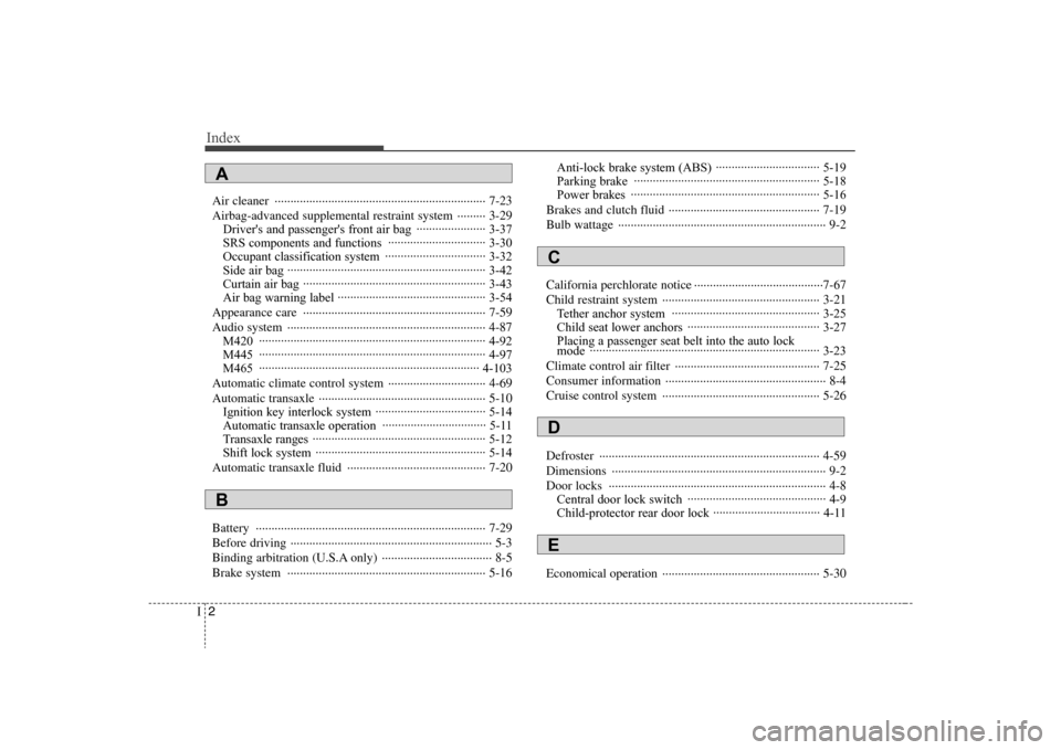 Hyundai Elantra 2008  Owners Manual Index2I
Air cleaner  ··································································· 7-23
Airbag-advanced supplemental restraint 