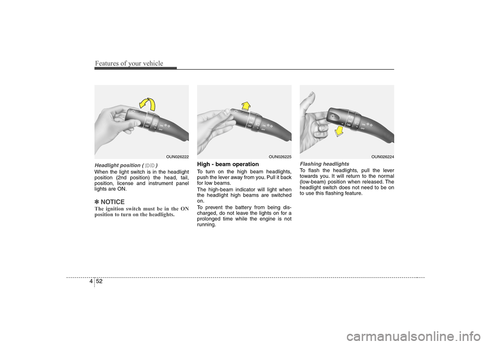 Hyundai Elantra 2007 Owners Manual Features of your vehicle52 4Headlight position ( )When the light switch is in the headlight
position (2nd position) the head, tail,
position, license and instrument panel
lights are ON.✽ ✽
NOTICET Hyundai Elantra 2007 Owners Manual Features of your vehicle52 4Headlight position ( )When the light switch is in the headlight
position (2nd position) the head, tail,
position, license and instrument panel
lights are ON.✽ ✽
NOTICET