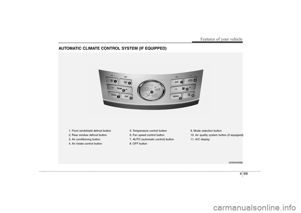 Hyundai Elantra 2007 Owners Manual 469
Features of your vehicle
AUTOMATIC CLIMATE CONTROL SYSTEM (IF EQUIPPED)
1. Front windshield defrost button
2. Rear window defrost button
3. Air conditioning button
4. Air intake control button5. T Hyundai Elantra 2007 Owners Manual 469
Features of your vehicle
AUTOMATIC CLIMATE CONTROL SYSTEM (IF EQUIPPED)
1. Front windshield defrost button
2. Rear window defrost button
3. Air conditioning button
4. Air intake control button5. T