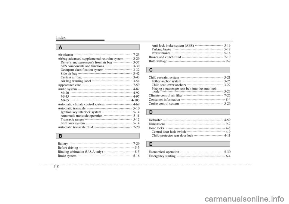 Hyundai Elantra 2007  Owners Manual Index2I
Air cleaner  ··································································· 7-23
Airbag-advanced supplemental restraint 