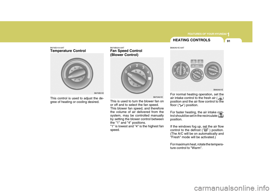 Hyundai Elantra 2006  Owners Manual 1
FEATURES OF YOUR HYUNDAI
91
B670E01A-AAT Temperature Control This control is used to adjust the de- gree of heating or cooling desired. B690A01E-AAT
B670B02A-AAT Fan Speed Control (Blower Control) T