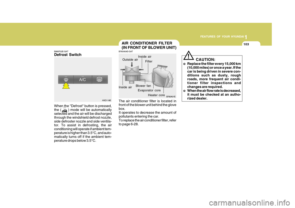 Hyundai Elantra 2006  Owners Manual 1
FEATURES OF YOUR HYUNDAI
103AIR CONDITIONER FILTER (IN FRONT OF BLOWER UNIT)
B760A04E-GAT The air conditioner filter is located in front of the blower unit behind the glove box.It operates to decrea
