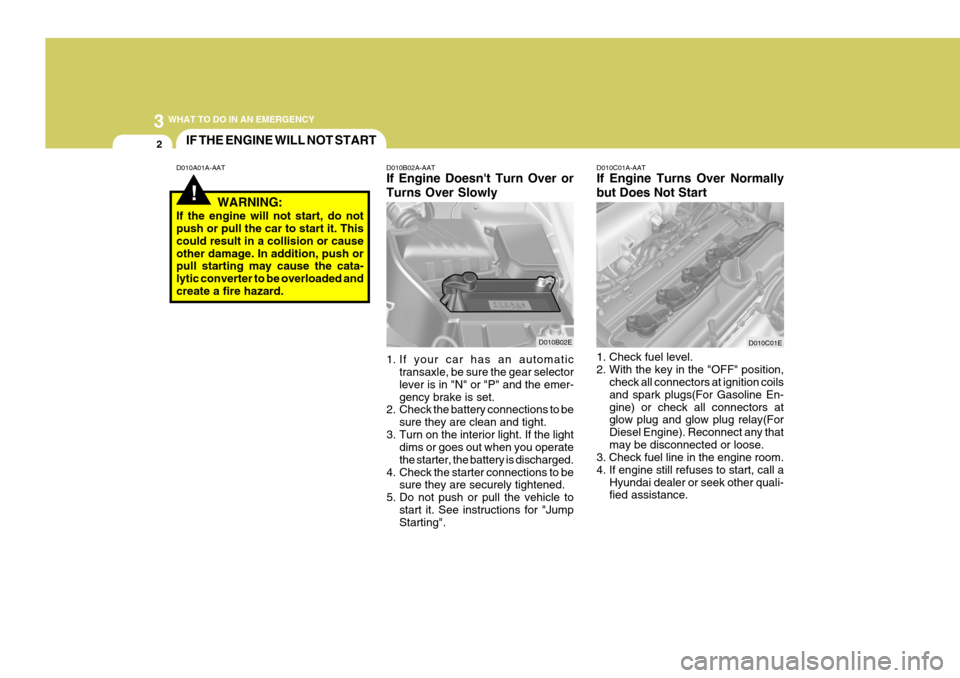 Hyundai Elantra 2006 Owners Manual 3 WHAT TO DO IN AN EMERGENCY
2
!
IF THE ENGINE WILL NOT START
D010A01A-AAT D010B02A-AAT
If Engine Doesnt Turn Over or Turns Over Slowly
1. If your car has an automatic transaxle, be sure the gear sel Hyundai Elantra 2006 Owners Manual 3 WHAT TO DO IN AN EMERGENCY
2
!
IF THE ENGINE WILL NOT START
D010A01A-AAT D010B02A-AAT
If Engine Doesnt Turn Over or Turns Over Slowly
1. If your car has an automatic transaxle, be sure the gear sel