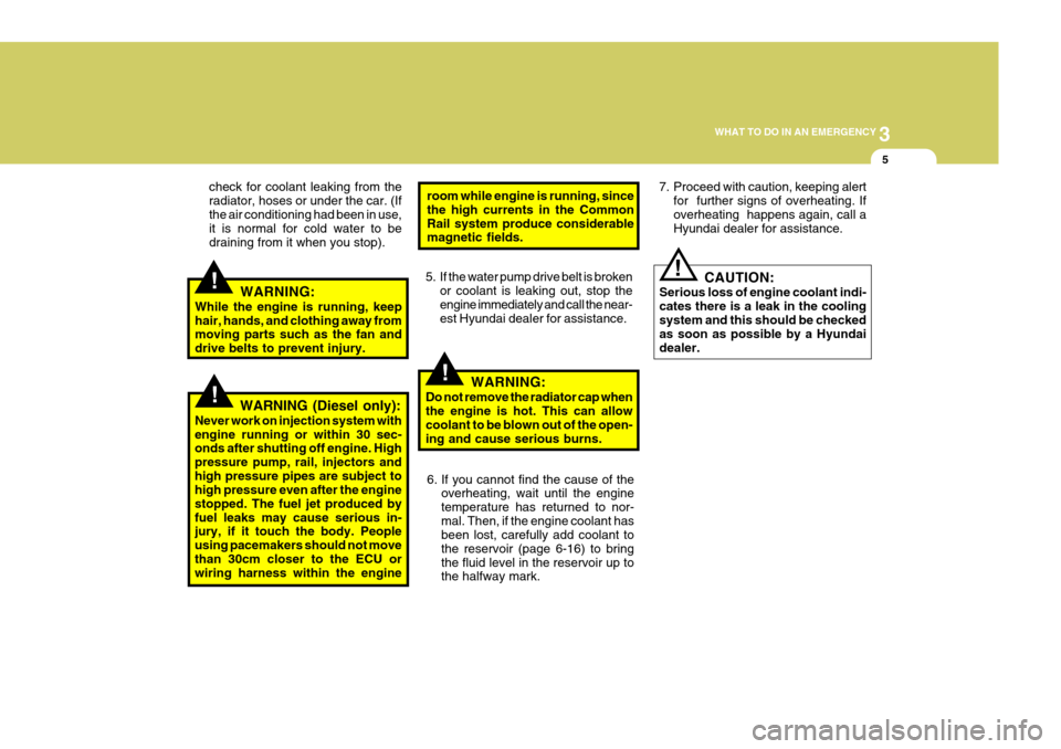 Hyundai Elantra 2006  Owners Manual 3
WHAT TO DO IN AN EMERGENCY
5
!
!
!
check for coolant leaking from the radiator, hoses or under the car. (Ifthe air conditioning had been in use, it is normal for cold water to be draining from it wh