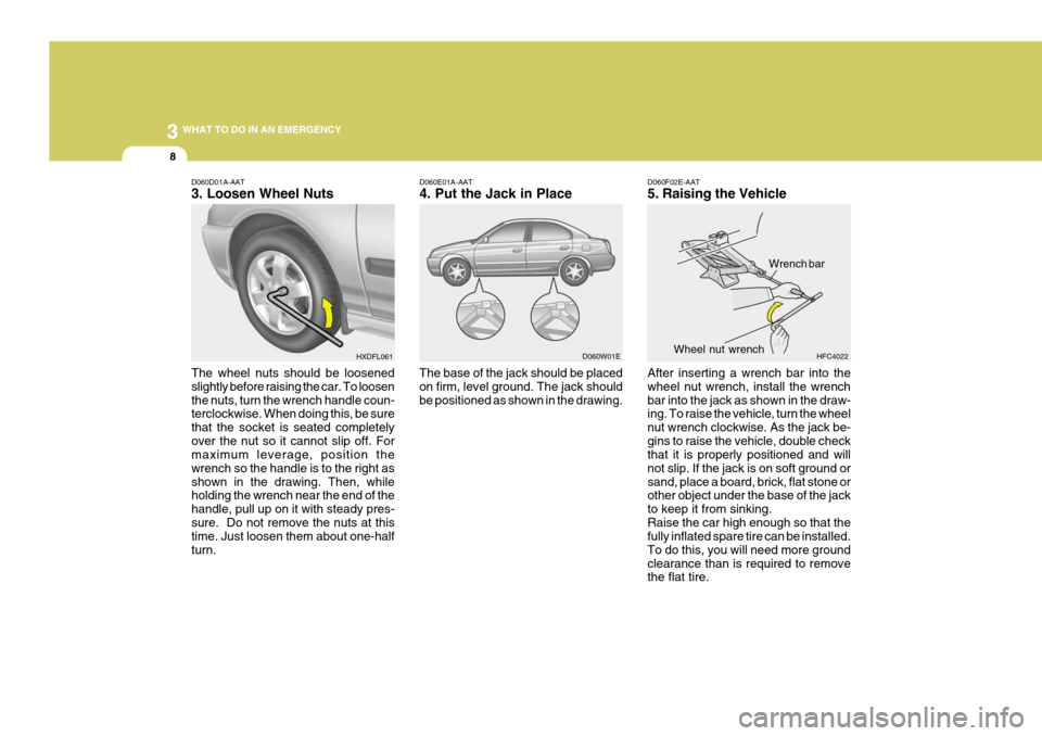 Hyundai Elantra 2006  Owners Manual 3 WHAT TO DO IN AN EMERGENCY
8
D060F02E-AAT 5. Raising the Vehicle After inserting a wrench bar into the wheel nut wrench, install the wrenchbar into the jack as shown in the draw- ing. To raise the v