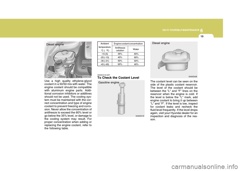 Hyundai Elantra 2006 Owners Manual 6
DO-IT-YOURSELF MAINTENANCE
15
Water
65% 60%50%40%
35%40%50%60%
Use a high quality ethylene-glycol coolant in a 50/50 mix with water. The engine coolant should be compatiblewith aluminum engine parts Hyundai Elantra 2006 Owners Manual 6
DO-IT-YOURSELF MAINTENANCE
15
Water
65% 60%50%40%
35%40%50%60%
Use a high quality ethylene-glycol coolant in a 50/50 mix with water. The engine coolant should be compatiblewith aluminum engine parts