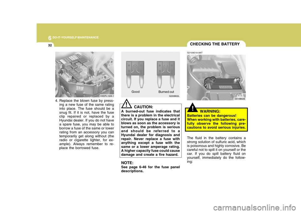 Hyundai Elantra 2006  Owners Manual 6 DO-IT-YOURSELF MAINTENANCE
32
!
CHECKING THE BATTERY
The fluid in the battery contains a
strong solution of sulfuric acid, which is poisonous and highly corrosive. Be careful not to spill it on your