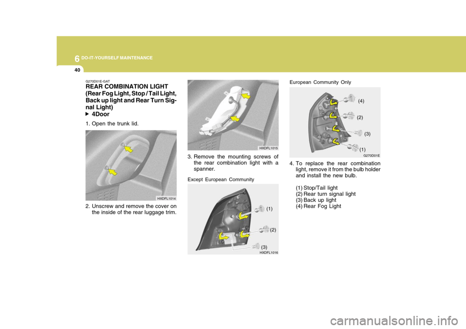 Hyundai Elantra 2006  Owners Manual 6 DO-IT-YOURSELF MAINTENANCE
40
4. To replace the rear combination
light, remove it from the bulb holder and install the new bulb. 
(1) Stop/Tail light 
(2) Rear turn signal light 
(3) Back up light 
