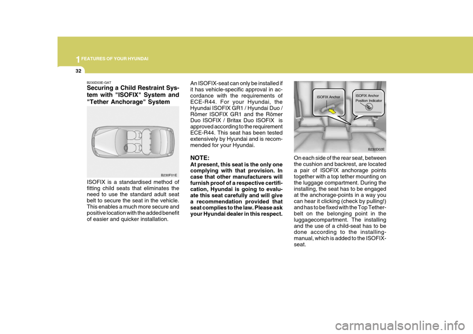 Hyundai Elantra 2006  Owners Manual 1FEATURES OF YOUR HYUNDAI
32
ISOFIX Anchor Position Indicator
ISOFIX Anchor
B230D02E
On each side of the rear seat, between the cushion and backrest, are locateda pair of ISOFIX anchorage points toget