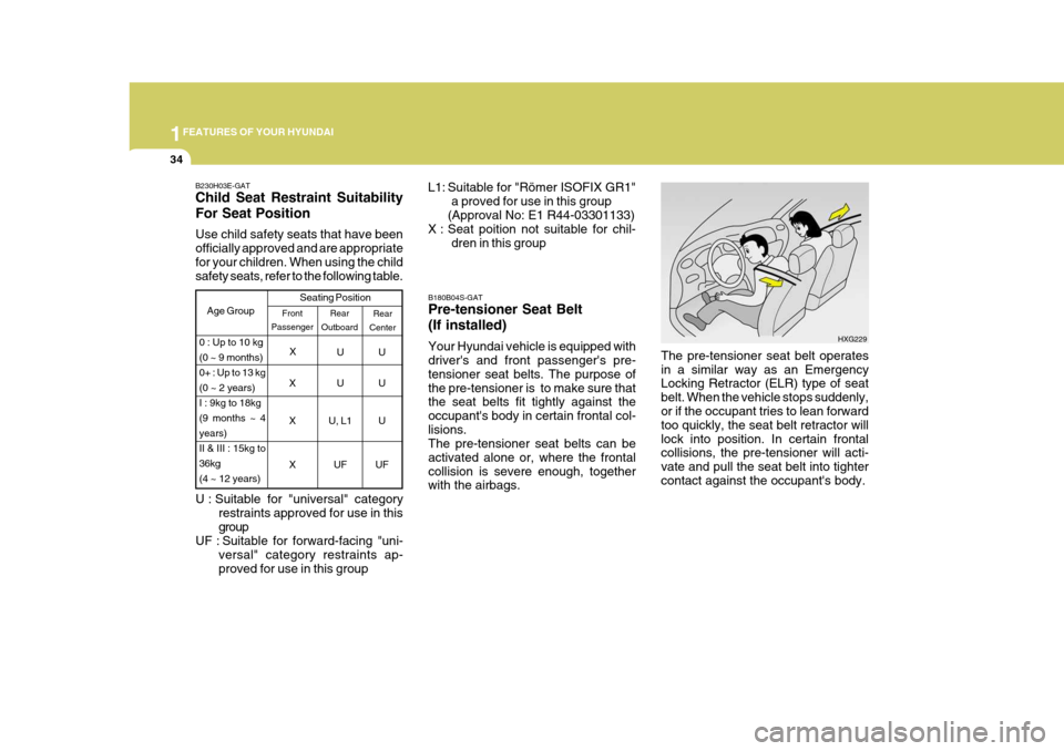 Hyundai Elantra 2006 Service Manual 1FEATURES OF YOUR HYUNDAI
34
The pre-tensioner seat belt operates in a similar way as an Emergency Locking Retractor (ELR) type of seat belt. When the vehicle stops suddenly, or if the occupant tries 