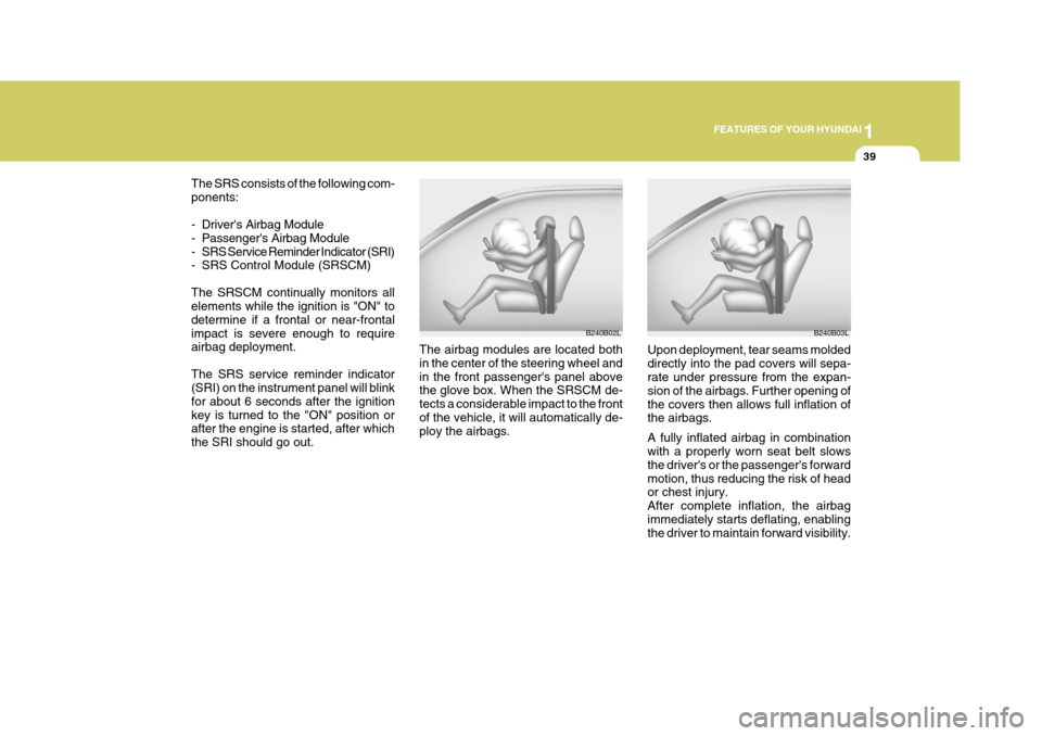 Hyundai Elantra 2006 Workshop Manual 1
FEATURES OF YOUR HYUNDAI
39
B240B03L
The airbag modules are located both in the center of the steering wheel and in the front passengers panel above the glove box. When the SRSCM de- tects a consid