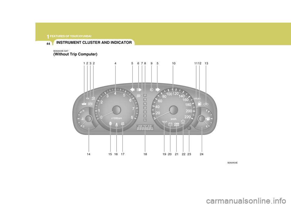 Hyundai Elantra 2006 Workshop Manual 1FEATURES OF YOUR HYUNDAI
44
14 15 16 17 18 19 20 21 22 23
INSTRUMENT CLUSTER AND INDICATOR
B260A03E-GAT (Without Trip Computer)
B260A03E
12
34 567
2
8591 01112
13
24  
