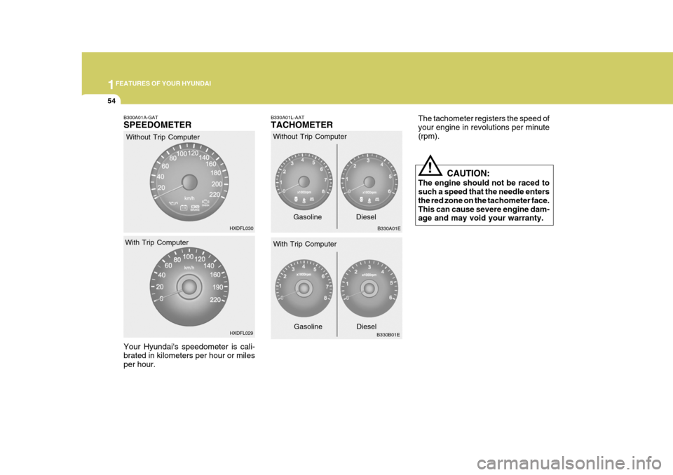 Hyundai Elantra 2006  Owners Manual 1FEATURES OF YOUR HYUNDAI
54
CAUTION:
The engine should not be raced to such a speed that the needle enters the red zone on the tachometer face.This can cause severe engine dam- age and may void your 
