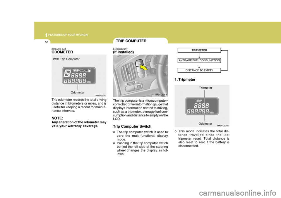 Hyundai Elantra 2006 Repair Manual 1FEATURES OF YOUR HYUNDAI
56TRIP COMPUTER
B400B03E-GAT (If installed) The trip computer is a microcomputer- controlled driver information gauge that displays information related to driving, such as a 