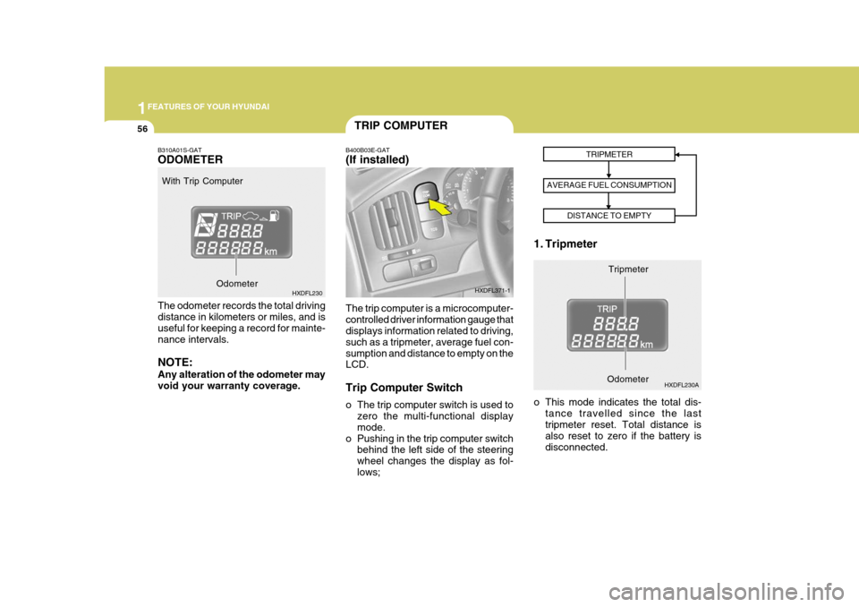 Hyundai Elantra 2006  Owners Manual 1FEATURES OF YOUR HYUNDAI
56TRIP COMPUTER
B400B03E-GAT (If installed) The trip computer is a microcomputer- controlled driver information gauge that displays information related to driving, such as a 