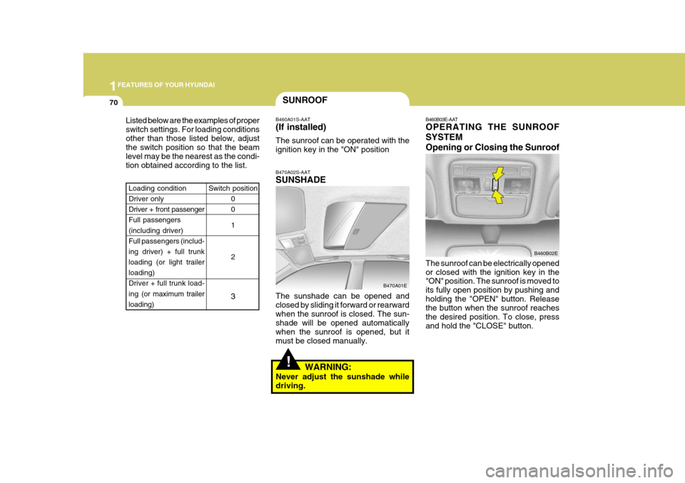 Hyundai Elantra 2006  Owners Manual 1FEATURES OF YOUR HYUNDAI
70
B460B03E-AAT OPERATING THE SUNROOF SYSTEMOpening or Closing the Sunroof
B460B02E
The sunroof can be electrically opened or closed with the ignition key in the "ON" positio