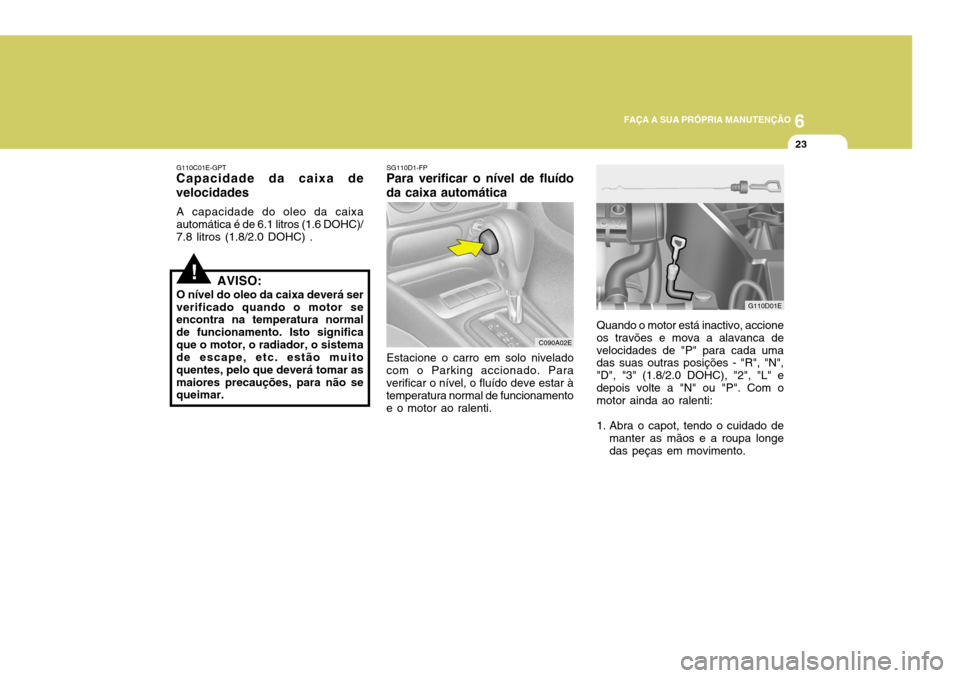 Hyundai Elantra 2006 Manual do proprietário (in Portuguese) 6
FAÇA A SUA PRÓPRIA MANUTENÇÃO
23
!
C090A02E
SG110D1-FP
Para verificar o nível de fluído da caixa automática
G110C01E-GPT
Capacidade da caixa develocidades
A capacidade do oleo da caixa autom Hyundai Elantra 2006 Manual do proprietário (in Portuguese) 6
FAÇA A SUA PRÓPRIA MANUTENÇÃO
23
!
C090A02E
SG110D1-FP
Para verificar o nível de fluído da caixa automática
G110C01E-GPT
Capacidade da caixa develocidades
A capacidade do oleo da caixa autom