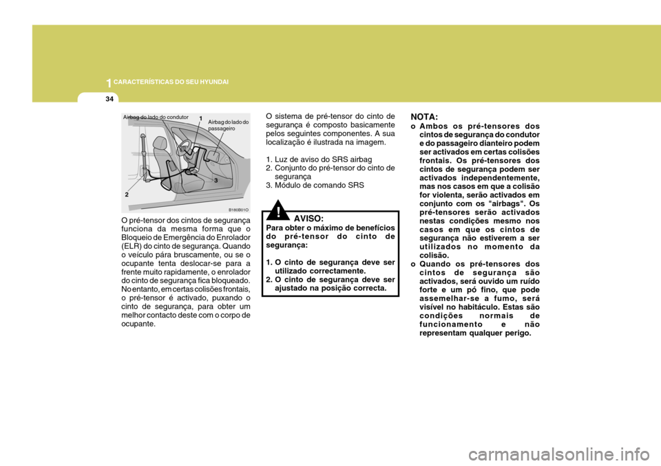 Hyundai Elantra 2006  Manual do proprietário (in Portuguese) 1CARACTERÍSTICAS DO SEU HYUNDAI
34
!
O sistema de pré-tensor do cinto de segurança é composto basicamentepelos seguintes componentes. A sua localização é ilustrada na imagem. 
1. Luz de aviso d