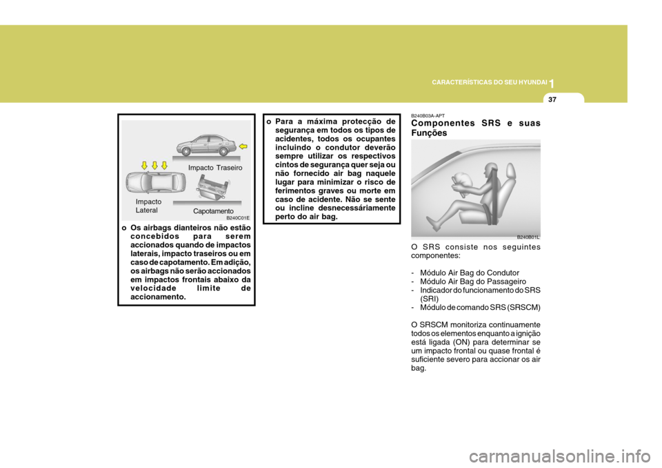 Hyundai Elantra 2006  Manual do proprietário (in Portuguese) 1
CARACTERÍSTICAS DO SEU HYUNDAI
37
o Os airbags dianteiros não estão
concebidos para serem accionados quando de impactoslaterais, impacto traseiros ou em caso de capotamento. Em adição, os airba