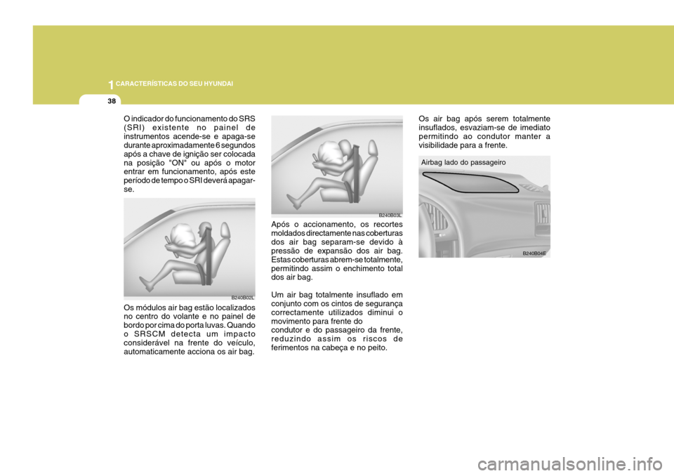 Hyundai Elantra 2006  Manual do proprietário (in Portuguese) 1CARACTERÍSTICAS DO SEU HYUNDAI
38
B240B03L
B240B02L
B240B04E
Os módulos air bag estão localizados no centro do volante e no painel de bordo por cima do porta luvas. Quandoo SRSCM detecta um impact