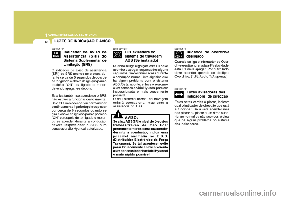 Hyundai Elantra 2006  Manual do proprietário (in Portuguese) 1CARACTERÍSTICAS DO SEU HYUNDAI
48
SB210G1-FP
Luzes avisadoras dos indicadore  de direcção
Estas setas verdes a piscar, indicam qual o indicador de direcção que está a funcionar. Se a seta acend