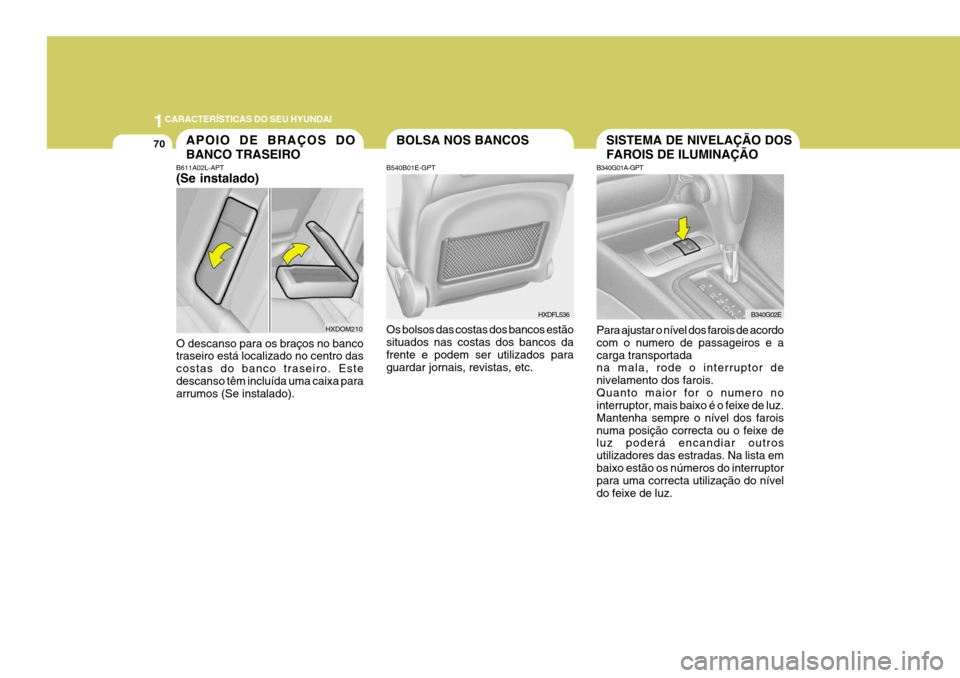 Hyundai Elantra 2006 Manual do proprietário (in Portuguese) 1CARACTERÍSTICAS DO SEU HYUNDAI
70SISTEMA DE NIVELAÇÃO DOS FAROIS DE ILUMINAÇÃO
B340G01A-GPT Para ajustar o nível dos farois de acordo com o numero de passageiros e a carga transportada na mala, Hyundai Elantra 2006 Manual do proprietário (in Portuguese) 1CARACTERÍSTICAS DO SEU HYUNDAI
70SISTEMA DE NIVELAÇÃO DOS FAROIS DE ILUMINAÇÃO
B340G01A-GPT Para ajustar o nível dos farois de acordo com o numero de passageiros e a carga transportada na mala,