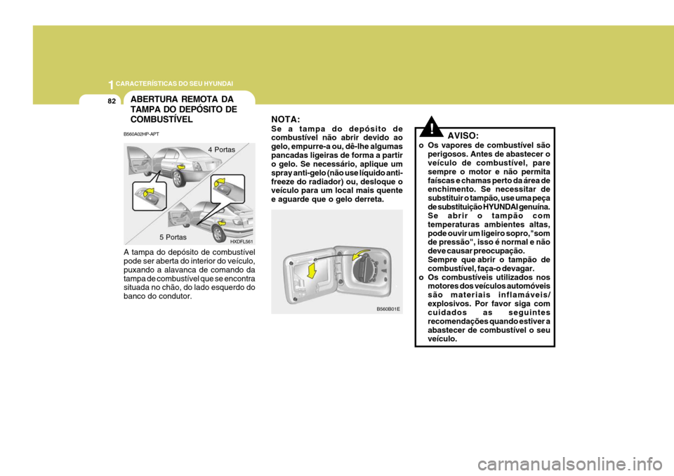 Hyundai Elantra 2006 Manual do proprietário (in Portuguese) 1CARACTERÍSTICAS DO SEU HYUNDAI
82
!
NOTA: Se a tampa do depósito de combustível não abrir devido ao gelo, empurre-a ou, dê-lhe algumaspancadas ligeiras de forma a partir o gelo. Se necessário, Hyundai Elantra 2006 Manual do proprietário (in Portuguese) 1CARACTERÍSTICAS DO SEU HYUNDAI
82
!
NOTA: Se a tampa do depósito de combustível não abrir devido ao gelo, empurre-a ou, dê-lhe algumaspancadas ligeiras de forma a partir o gelo. Se necessário,