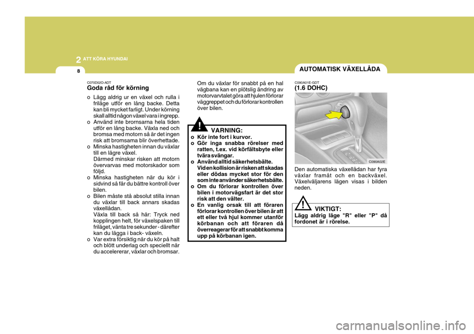 Hyundai Elantra 2006  Ägarmanual (in Swedish) 2 ATT KÖRA HYUNDAI
8
!
AUTOMATISK VÄXELLÅDA
C090A01E-GDT (1.6 DOHC)
C090A02E
Den automatiska växellådan har fyra växlar framåt och en backväxel. Växelväljarens lägen visas i bilden neden.
V